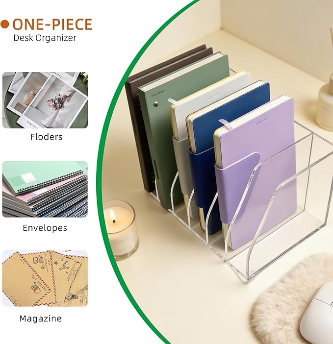 Acrylic Magazine File Holder, 6 Vertical Compartments Desk Document Sorter Organizer, Clear Folder Rack Binder for Office, Documents, Tablets, Magazines, Books – Home/Classroom Rack
