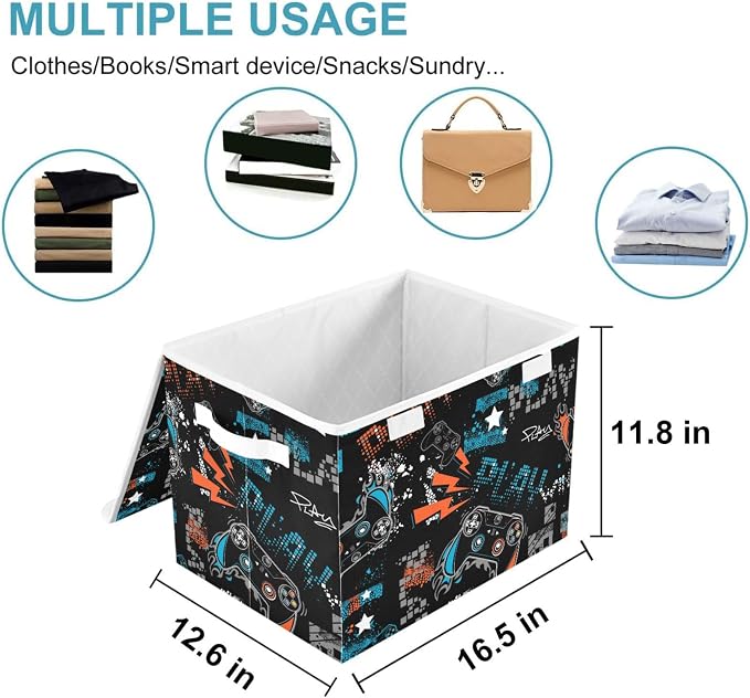 CaTaKu Large Fabric Storage Bins With Lids, Cute Gamer Black Storage Boxes With Handles for Organizing Clothes, Collapsible Storage Cube Bins Baskets for Shelves