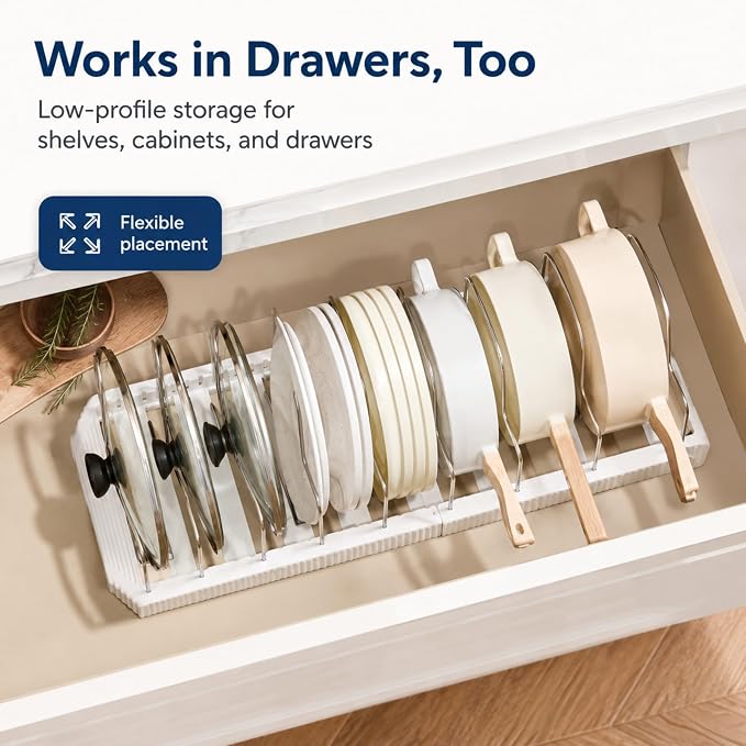 Pots and Pans Organizer Under Cabinet, Adjustable Pot and Pan Organizer Rack, 7 Stainless Steel Dividers, Pot Lid Organizer for Cabinet, Expandable Pan Organizer for Pots, Pans, Lids, Plates White