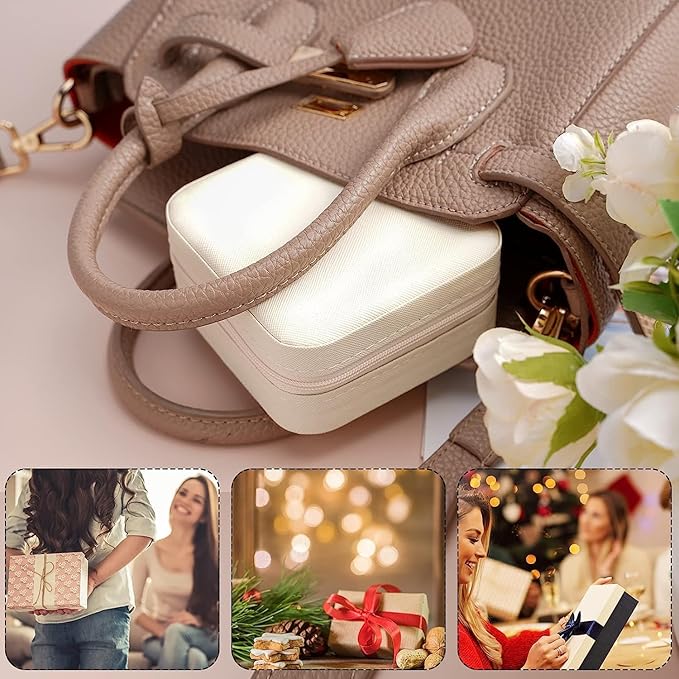 Neveika Portable Travel Mini Jewelry Box Leather Jewellery Ring Organizer Case Storage Gift Box Girls Women (2pcs White).