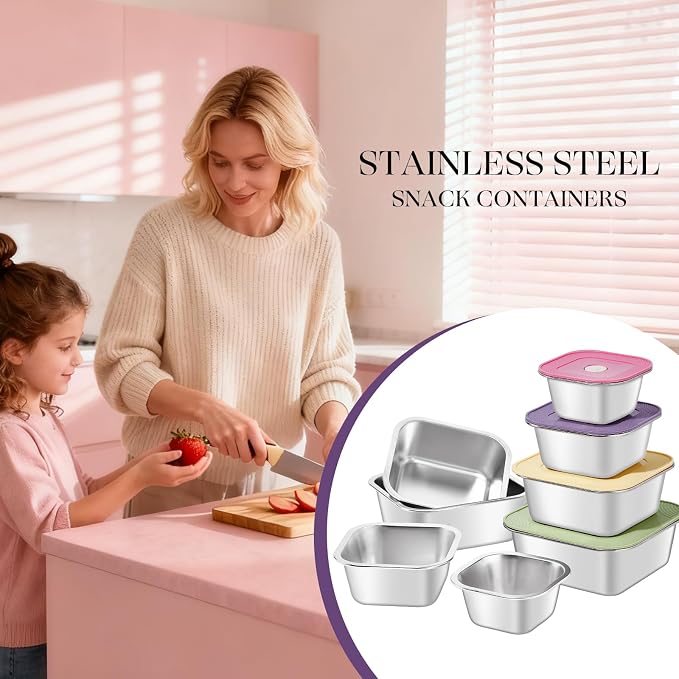 8-Piece Stainless Steel Food Storage Containers Set with 4 Colorful Lids – Airtight & Leakproof for Meal Prep, Lunch, Leftovers – BPA-Free, Dishwasher Safe – Durable Kitchen & Office Organizers