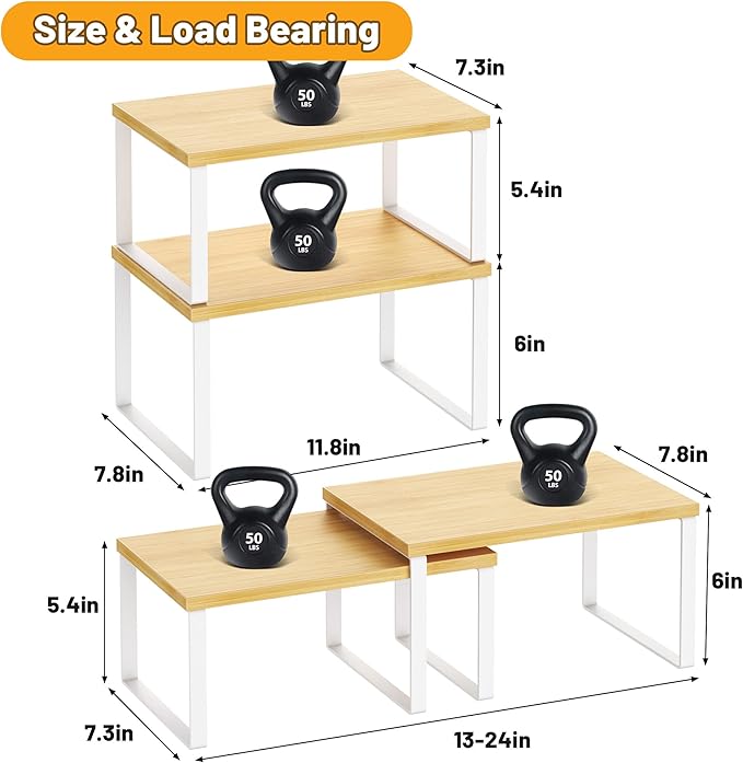 Kitchen Cabinet Organizer Shelf Set of 4, Sturdy Kitchen Counter Shelves with Metal Legs, Stackable Expandable Wood Spice Rack Pantry Cupboard Dish Mug Cup Storage Organizer Shelf,White+Bamboo