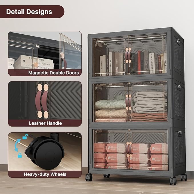 Stackable Storage Bins with Lids, Collapsible Storage Boxes, Foldable Plastic Storage Drawers for Bedroom,Office, Dorm (6, Black, M)