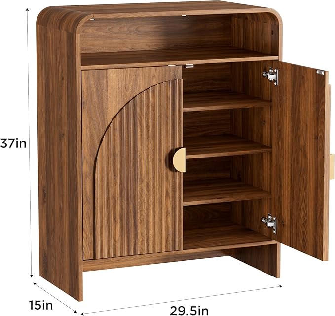 Maupvit Modern Shoe Cabinet for Entryway, Shoe Storage Cabinet with Fluted Doors, Wood Shoe Organizer with Open Shelves & Golden Handles, Freestanding Shoe Rack for Hallway, Living Room, Walnut