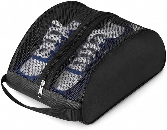 Golf Shoe Bag with Full Top Mesh Ventilation, Zippered Sports Shoe Carrier for Travel, Fits up to Size 13 Men Women (Black)