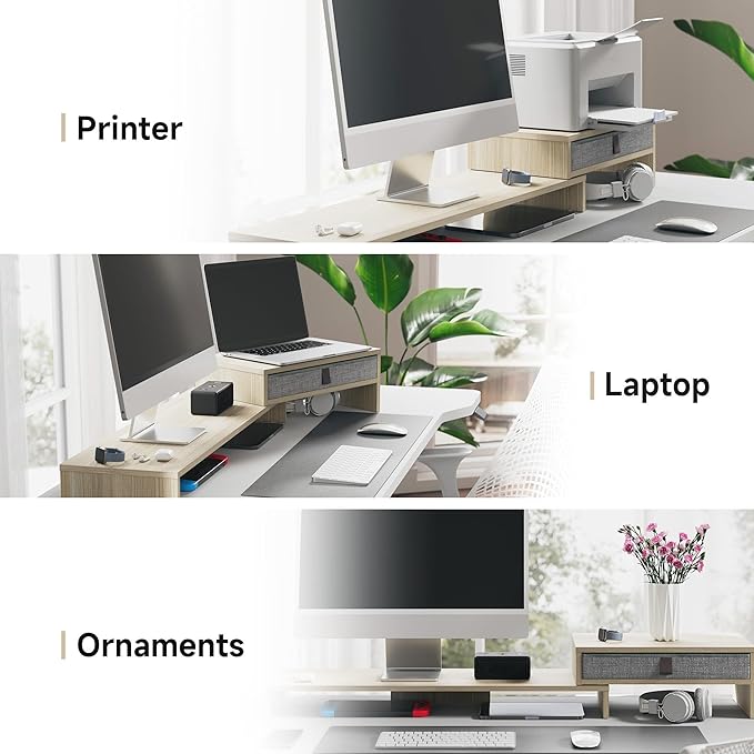Fenge Triple Monitor Stand with Srorage Drawer, Adjustable Length and Angle | Computer Monitor Riser for 2 or 3 Monitors, Wooden Desktop Laptop Stand, Office Organizer for PC, Screen, Tablet, Oak
