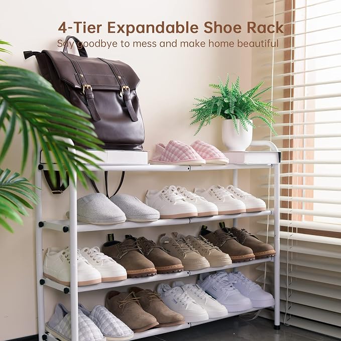 Gonfoam Expandable 4-Tier Shoe Rack for Closet and Entryway, White | Tool-Free Assembly, Metal Material, Adjustable Shoe Organizer, Sturdy, Small Space Solution, Dorms, Garages, Apartments.