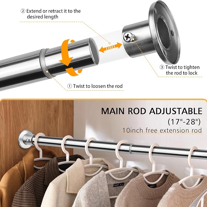 Closet Rods For Hanging Clothes, 17-76 Inch Adjustable Closet Rod, Stainless Steel Heavy Duty Closet Hanging Rod-Silver