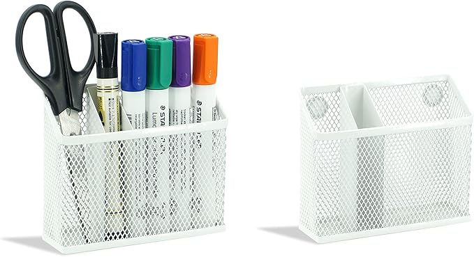 Neudeco Locker Organizer Kit, White, 4-Piece Set | Foldable Mesh Locker Shelf, Magnetic Pen Holders, Stackable Storage, For School, Work & Gym Lockers