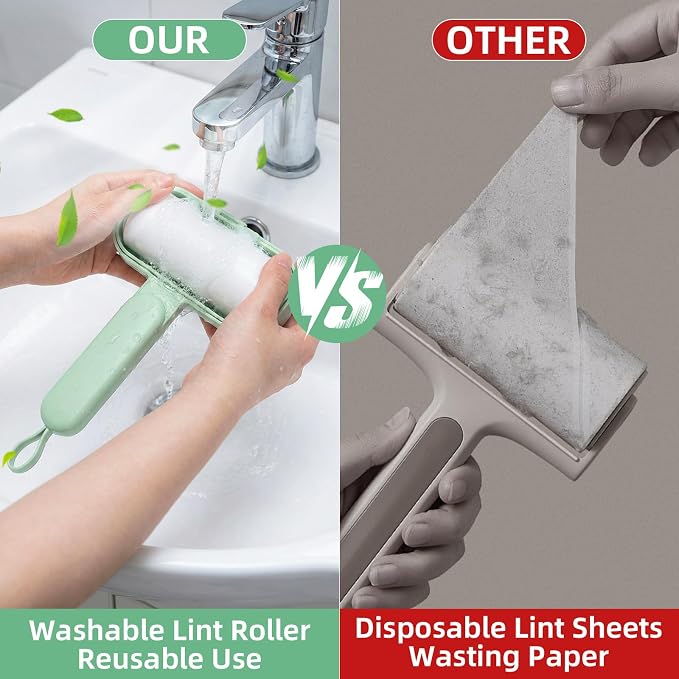 Reusable Lint Roller for Pet Hair Extra Sticky, Washable Silicone Lint Roller Reusable for Clothes, Mini Travel Size Portable Sticky Lint Roller with Handle & Hanging Loop, Green 1 Pack