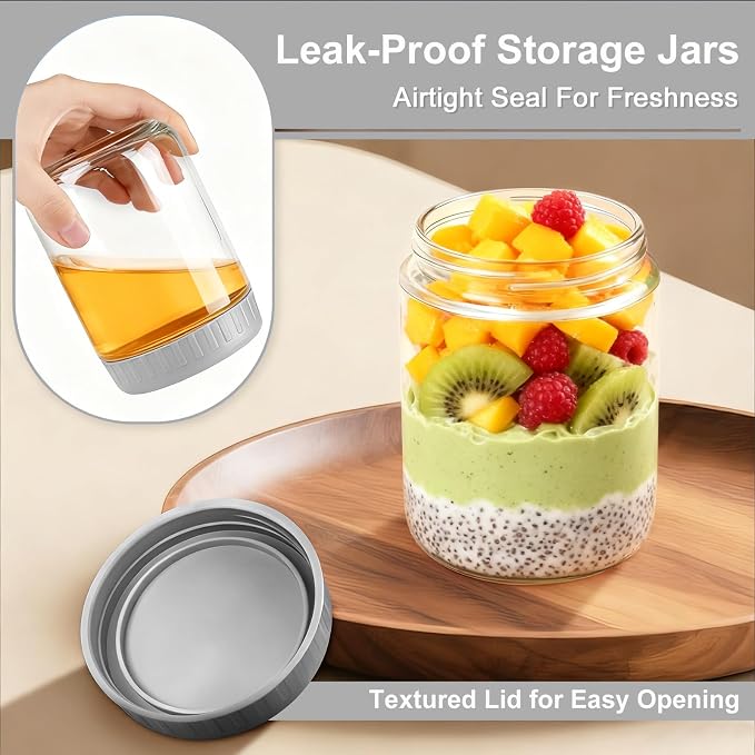 Overnight Oats Containers with Lids, 16oz Wide Mouth Mason Jars with Lids, 9 Pack Glass Jars with Airtight lid for Chia Pudding Yogurt Salad, Meal Prer Oatmeal Jars, Gray