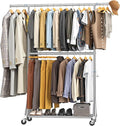 100% Stainless Steel Heavy Duty Clothes Rack Load 860LBS, Adjustable Height Double Rods Clothing Racks for Hanging Clothes, Rolling Garment Rack With Sturdy Wheels Shelf, Portable Closet Wardrobe Rack