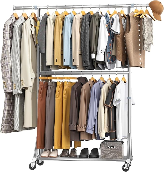 100% Stainless Steel Heavy Duty Clothes Rack Load 860LBS, Adjustable Height Double Rods Clothing Racks for Hanging Clothes, Rolling Garment Rack With Sturdy Wheels Shelf, Portable Closet Wardrobe Rack