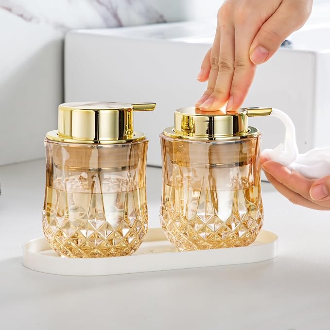 Gold Foaming Soap Dispenser Set- 2 Pack Bathroom Hand Foam Soap Dispensers,Glass Refillable Dish Soap Dispenser,Modern Home Soap Dispenser for Bathroom,Kitchen (Gold Foam Type/2Pcak)