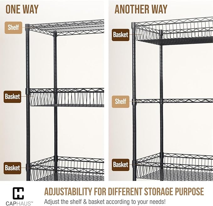 CAPHAUS NSF Adjustable 5 Tier Wire Shelving Unit w/Basket & Liner, Metal Storage Rack Corner Shelves, Storage Rack for Kitchen, Bathroom, Laundry Closet, Metal Wire Shelving w/Basket Shelves Silver