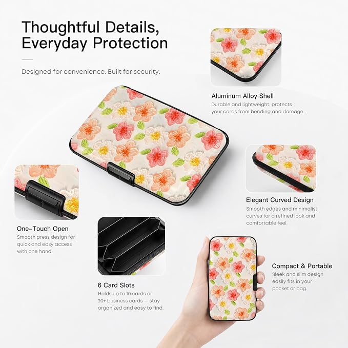 Credit Card Holder RFID Aluminum card case Flowers 2 mini Wallet Women Men | ABS Business ID Case,Hard Case Large Capacity 6 Slots, Waterproof Durable ，Secure Closure Slim Small Credit Card Protector
