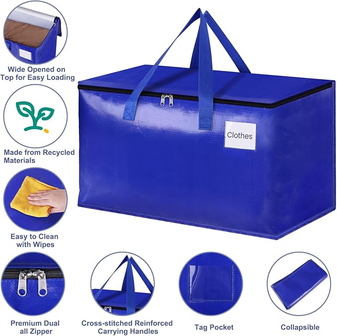StorageRight Moving Bags-Heavy Duty Moving Boxes, Storage Totes with Zipper, Reinforced Handles and Tag Pocket-Collapsible Moving Supplies for moving, Storage and Travel 93L(Four Colors-4 Pack)
