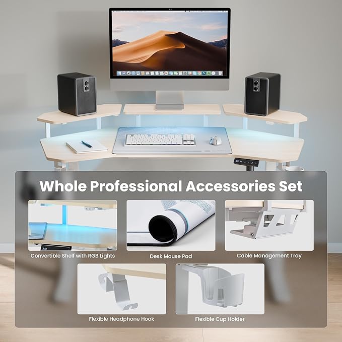 EUREKA ERGONOMIC Aero 55 Inch W Shaped Electric Standing Desk, Height Adjustable Computer Gaming Desk with LED Monitor Shelf, Mouse Pad, Headphone Hook, Cup Holder, Natural Maple