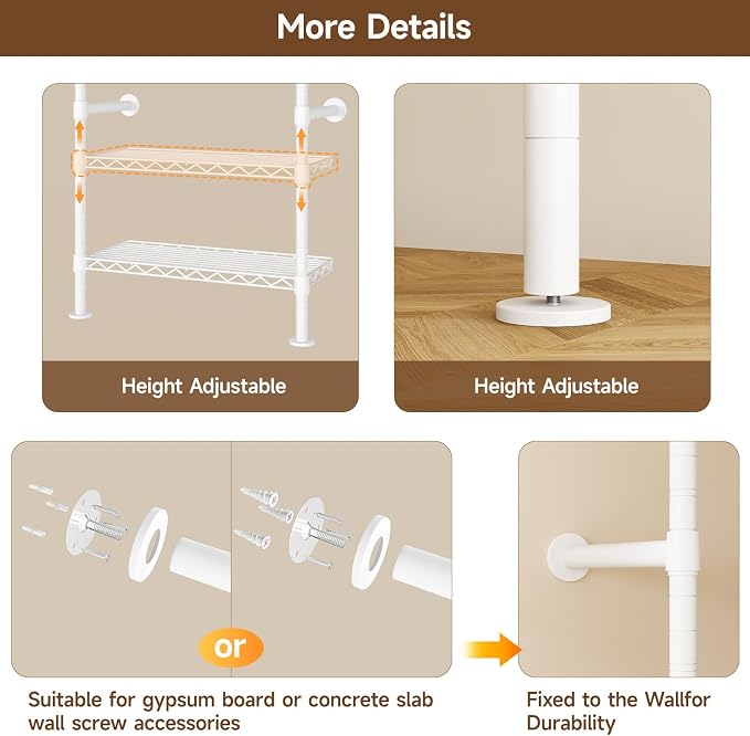 H5 Wall Mounted Closet System, Industrial Pipe Clothes Racks Clothing Rack with 4 Telescopic Rods & 3 Fixing Rods & 9 Shelves, Heavy Duty Closet Organizers and Storage in Wardrobe Closet (White)