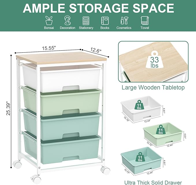 SYKIARIOL Utility Cart with 4 Drawers,Rolling Storage Cart with Drawers,Storage Rolling Drawer Cart with Wooden Tabletop for Bedroom,Kid's Room,Dorm,Classroom,Office,Green