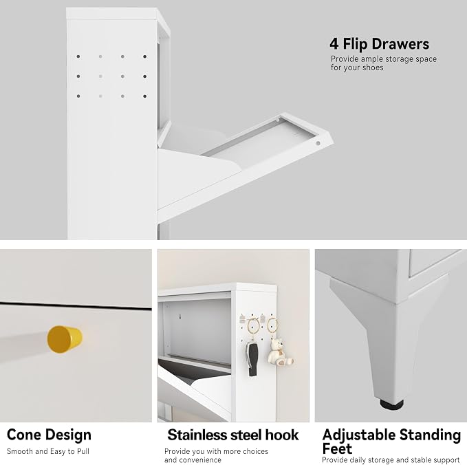 Shoe Cabinet with 4 Flip Drawers-Metal Narrow Shoe Rack for Entryway,Hallway,Living Room-Hidden Metal Shoe Cabinet-Freestanding Shoe (4 Door Width 27.56, White)