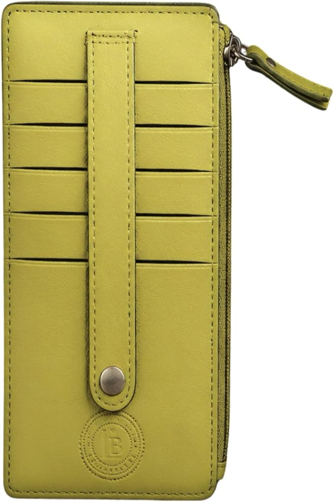 Leatherboss Genuine Leather Women's All in One Credit Business Card Case Holder Slim Zipper Wallet With a Card Protection Strap, Lemon