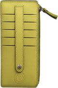 Leatherboss Genuine Leather Women's All in One Credit Business Card Case Holder Slim Zipper Wallet With a Card Protection Strap, Lemon