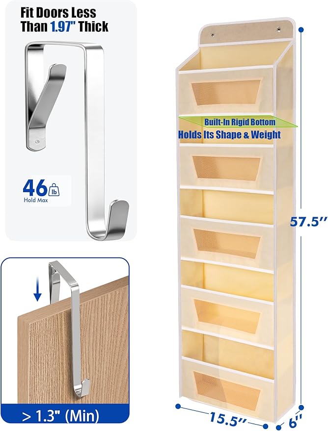 Meolsaek Over the Door Organizer,46lbs Anti-Tilt Behind the Door Storage | 5 main compartments (15.5"L×10.5"H×6"W) and 5 mesh side pockets maximize behind-the-door space for closets or pantries