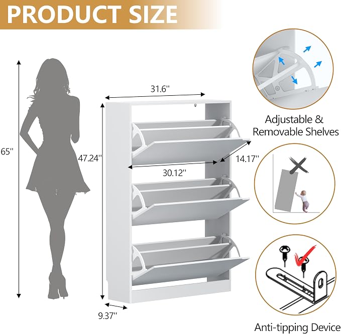 Wodeer Narrow Shoe Cabinet for Entryway, Slim Shoe Storage Cabinet with 3 Flip Drawers, Hidden Wood Shoe Cabinet Storage, Freestanding Shoe Rack Organizer Foyer, Hallway, White