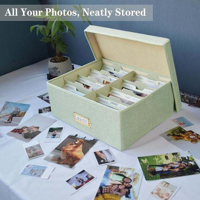 Linen Photo Storage Box – Holds 1700 Photos, Photo Organizer with Lid for Photo, Pictures, 24 Adjustable Dividers & 72 Labels Multi-Use Organizer Memory Box for Envelopes, Baby, Wedding, Cards Green