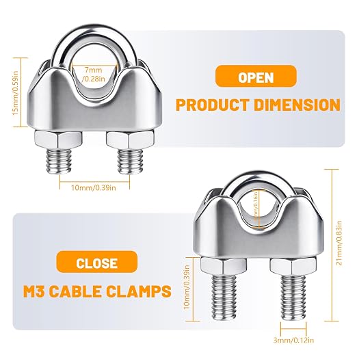 20Pcs 1/8 inch Stainless Steel Wire Rope Cable Clamp,M3 Wire Rope Clips U Bolt Saddle Fastener