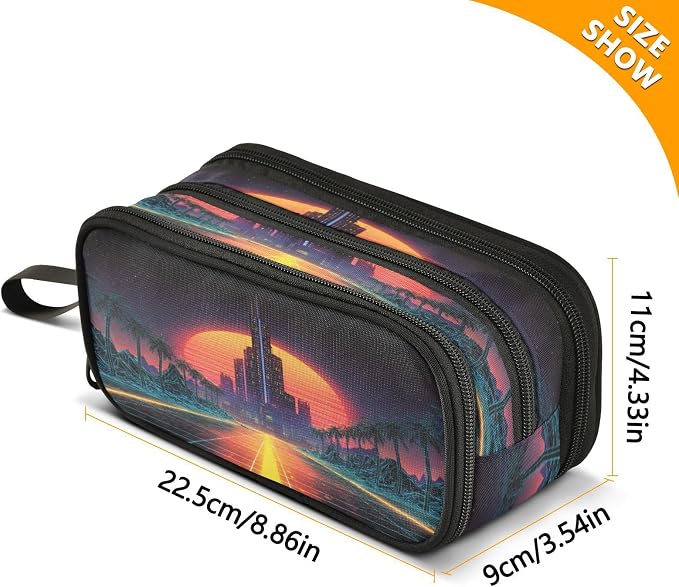 Neon Synthwave Pattern Large Capacity Pencil Case Pouch Organizer stationery Pen Bag with 3 Compartment for School College Supplies