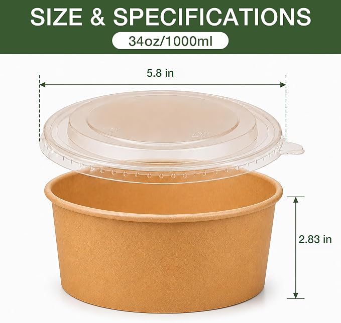 50pks 34oz Disposable Meal Prep Containers, Disposable Bowls with Lids | Disposable kraft paper bowls with lids, Waterproof, Safe for hot & cold food, Perfect for catering, parties, lunch takeout