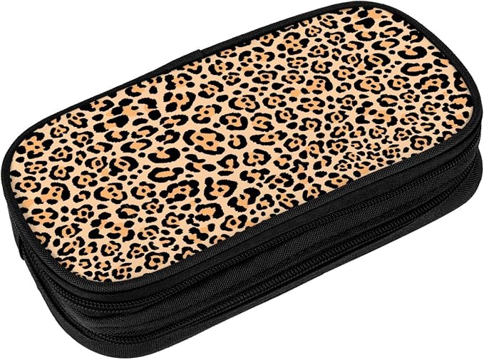 Perinsto Leopard Animal Skin Print Pencil Case Big Capacity Multi Compartment Stationery Box Pencil Pouch Holder Desk Organizer For School Office Home