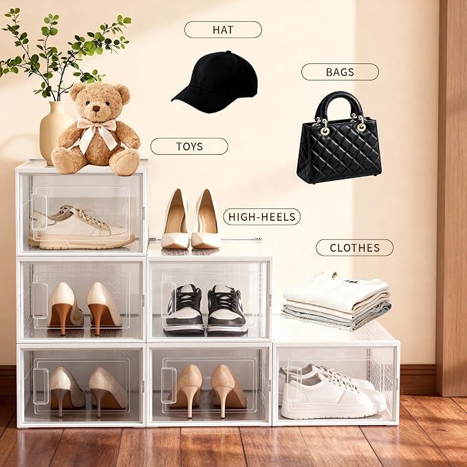 Shoe Storage Boxes, Stack Without Toppling Modular storage boxes combine freely for use in closets, under beds, hallways, and entryways. Space-saving. (Transparent, 6 Pack)