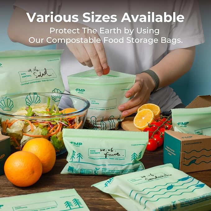 Fit Meal Prep 50 Pack 100% Compostable Food Storage Bags, 1 Gallon Freezer Bags, 10.6 x 11.5" Resealable Bag for Vegetables, Meat, Fruits, ASTM D6400, US BPI & EU OK Compost Certified