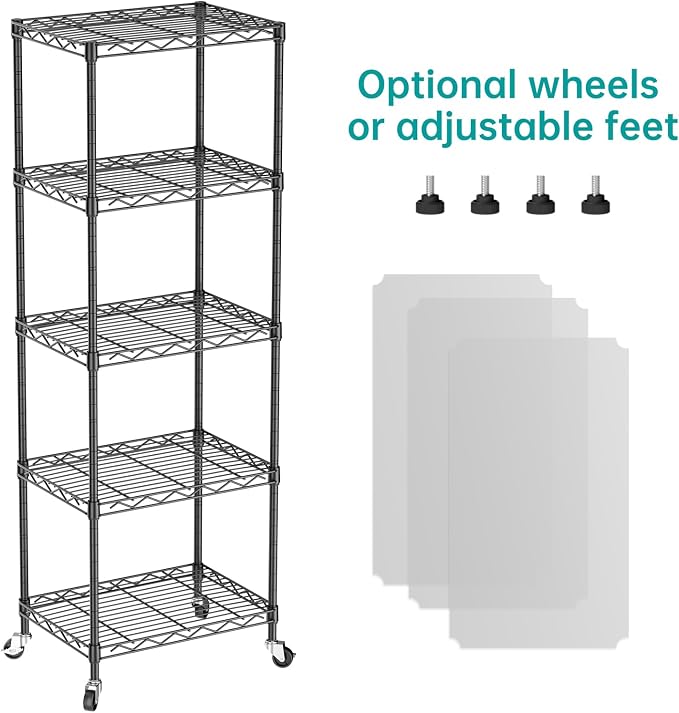 SINGAYE Small 5 Tier Shelves Wire Storage Shelving Adjustable Metal Shelf | With Wheels Home Storage Small Rack Pantry Closet Unit for Laundry Room Organization Bathroom Kitchen