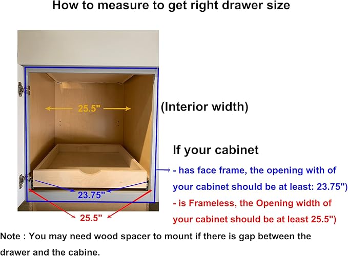 Couver Pull Out Drawers For Cabinets, 25.5"W x 21.25"D X 4"H Soft Close Slide Out Wood Shelves Storage Organizer for Kitchen, Finished, Heavy-Duty, Bottom Assembly