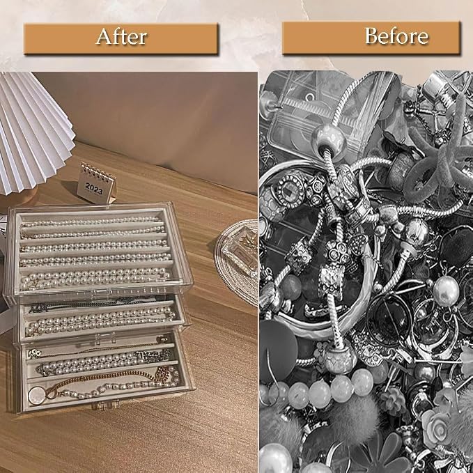 CLUQMEIK Necklace Organizer Box with Clear Lid, Dustproof Velvet Jewelry Holder Storage Display Case, Stackable Acrylic Necklace Tray Drawer Insert for Women and Girls (Beige,3 Drawers)