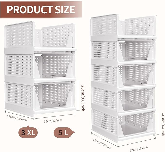 5 Pack Stackable Closet Organizer, Folding Closet Container, Plastic Storage Basket White Pull Out Shelves