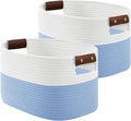 ECDYQXVU 15x10x9 Woven Cotton Rope Storage Basket, Leather Handles 2 Pack | Foldable Design, Sturdy PU Handles, Easy to Clean Organizer for Living Room, Closet, Shelves, Bedroom, Laundry, Clothes