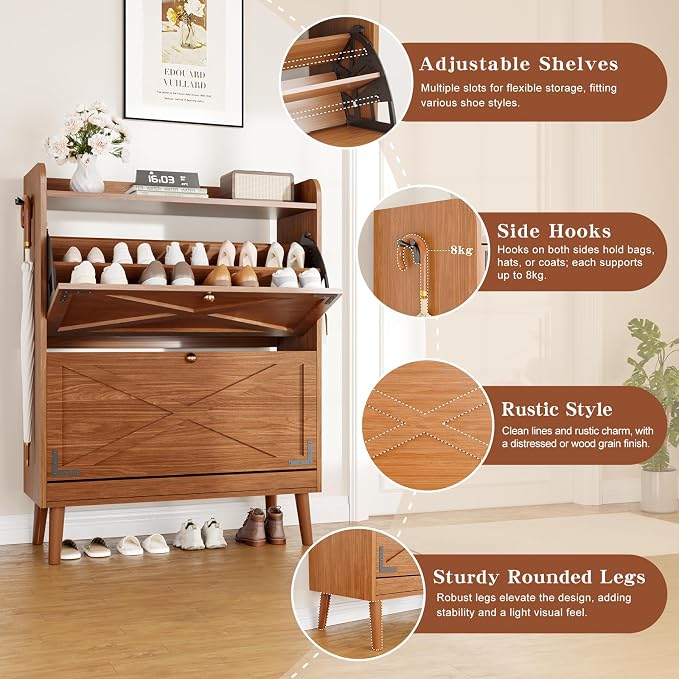 Shoe Storage Cabinet with 2 Flip Drawers & Adjustable Shelves, Freestanding Shoe Cabinet with Side Hooks Narrow Shoe Rack Cabinet for Entryway