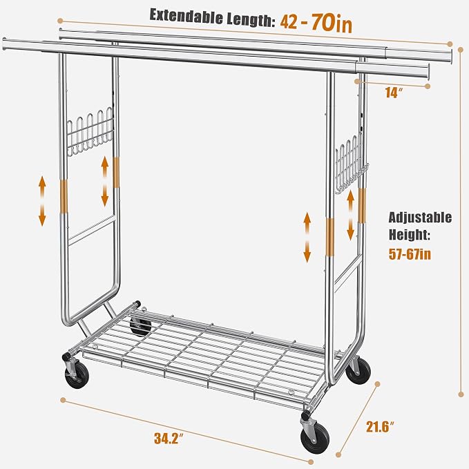 Gewudraw Clothes Rack Heavy Duty Load 900 Lbs With Wheels,Commercial,Chrome | Double Rod Rolling Clothing Rack, Adjustable | Portable | Collapsible, Hooks,Shelf,Garment Rack for Wardrobe,Bedroom,Silver