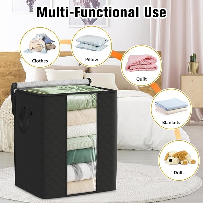 SpaceTrove Clothes Storage Bags, 10-Pack Comforter Blanket Organizers, 80L Large Capacity Containers with Visual Window for Clothing, Quilt, Sheet, Pillow, Closet Organization for Bedding (Black)