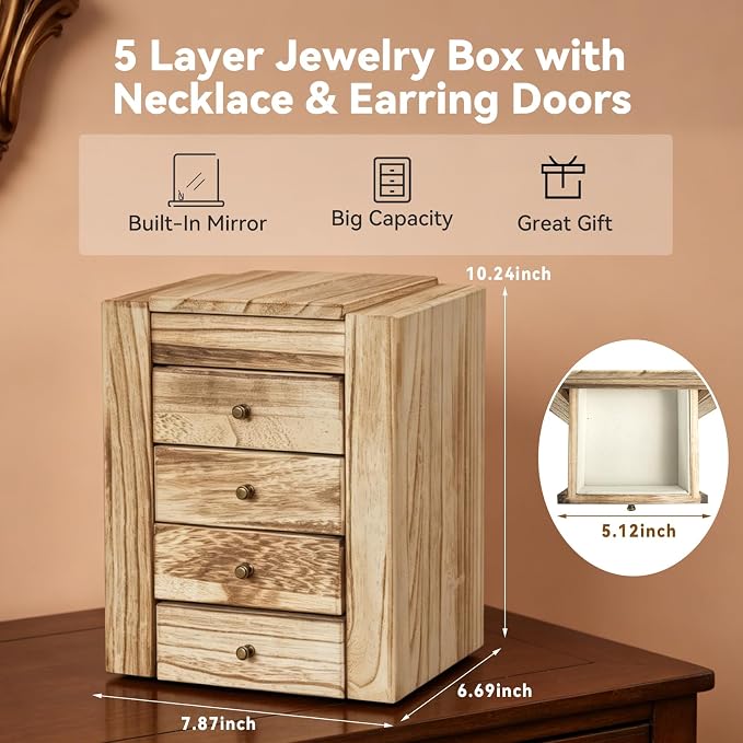 GUOER Jewelry Box for Women, 5-Layer Wooden Jewelry Organizer with Mirror | 4 Drawers & Side Doors for Necklaces, Rings, Earrings, Unfinished Rustic Torched Wood
