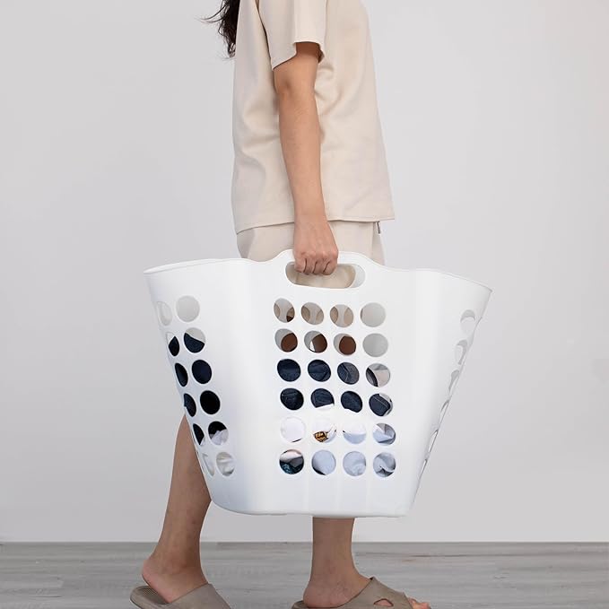 Flexible Plastic Laundry Basket - Square Storage Hamper with Side Handles for Easy Carrying - Versatile Organizer for Laundry, and Household Storage, White 50 Litter