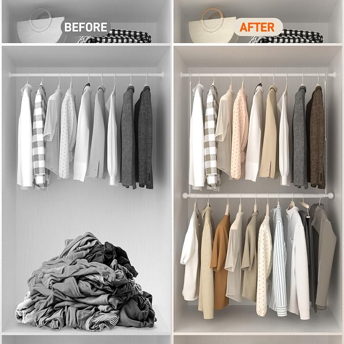 SUTINE Closet Rods for Hanging Clothes, Adjustable Closet Extender Hanging Rod, Space-Saving Closet Rod Extender Clothes Hanging Bar, Closet Poles for Hanging Clothes Organizer (White, 31.5-47.2 IN)