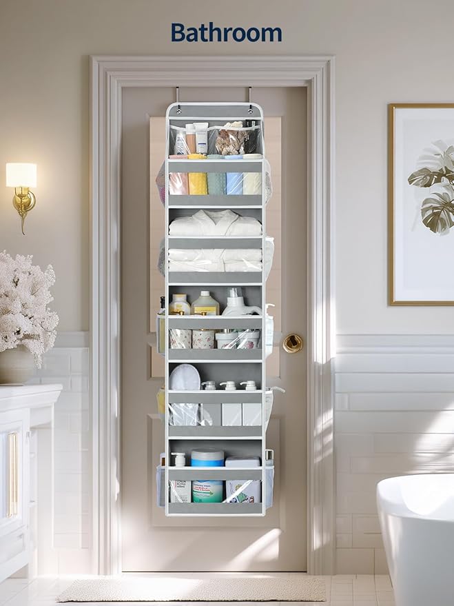 Yecaye 6 Tier Over the Door Organizer, Swing-proof Door Organizer Hanging with Clear PVC Windows, Behind the Door Storage for Bedroom Nursery Closet Laundry Pantry Bathroom, Grey