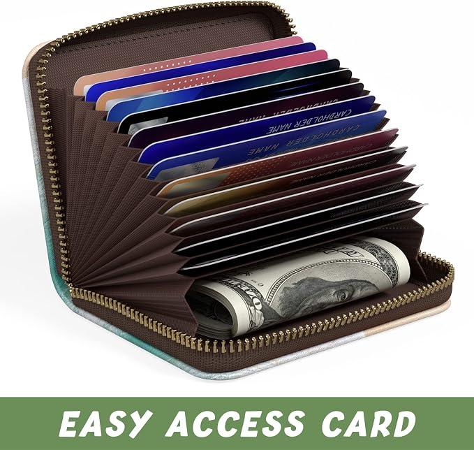 Aiawoxc Credit Card Holder for Women, Small RFID Wallet Slim Leather Business Card Organizer Case with Zipper and Keychain, Beach