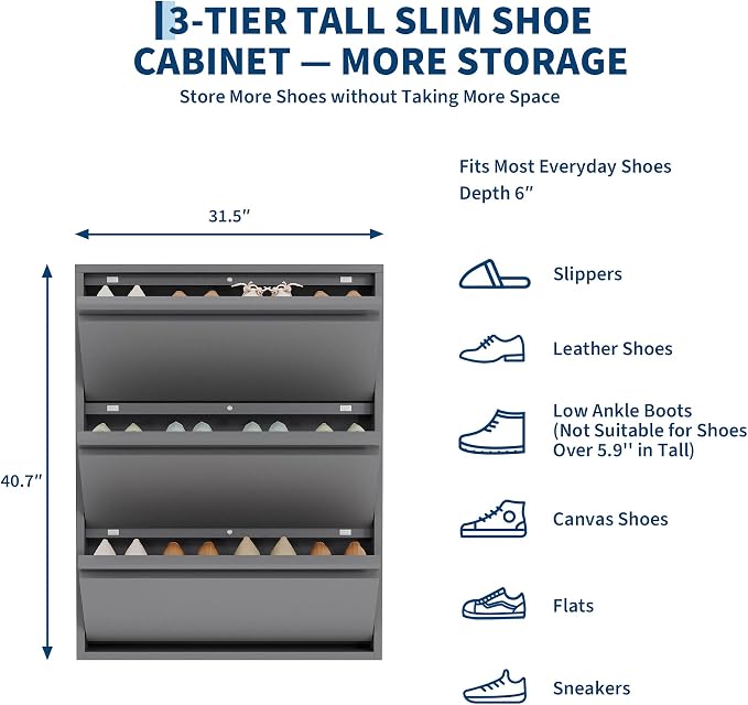 Garvee Slim Metal Shoe Cabinet with 3 Flip Drawers, Narrow Shoe Storage for Entryway, Wall Mounted or Floor Standing, Detachable Bottom Corners for Flexible Placement, Anti-Tip Safety Wall Mount